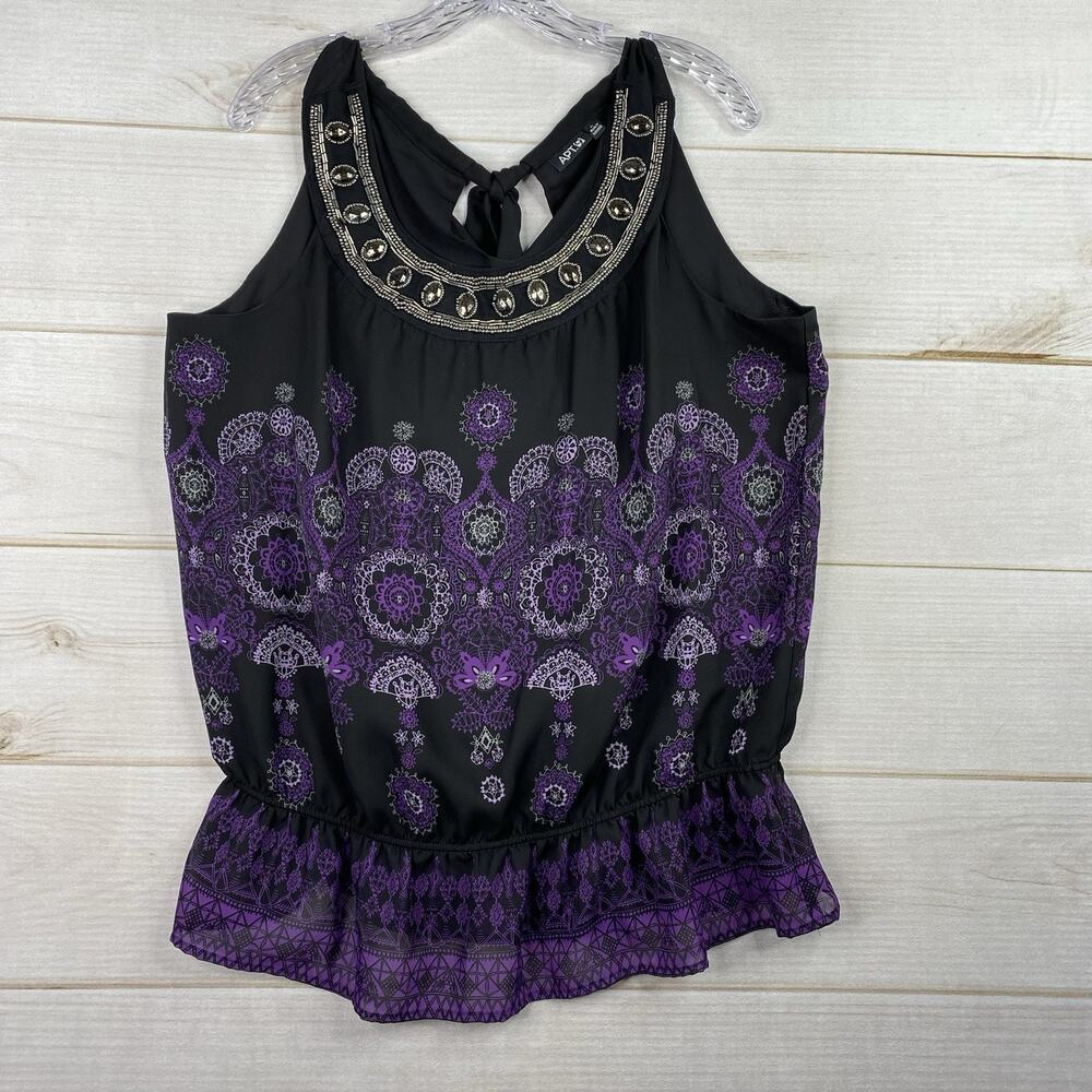Vintage Apt 9 Womans Top Sz L Black Purple Beaded Whimsical Y2K Fairy 90s